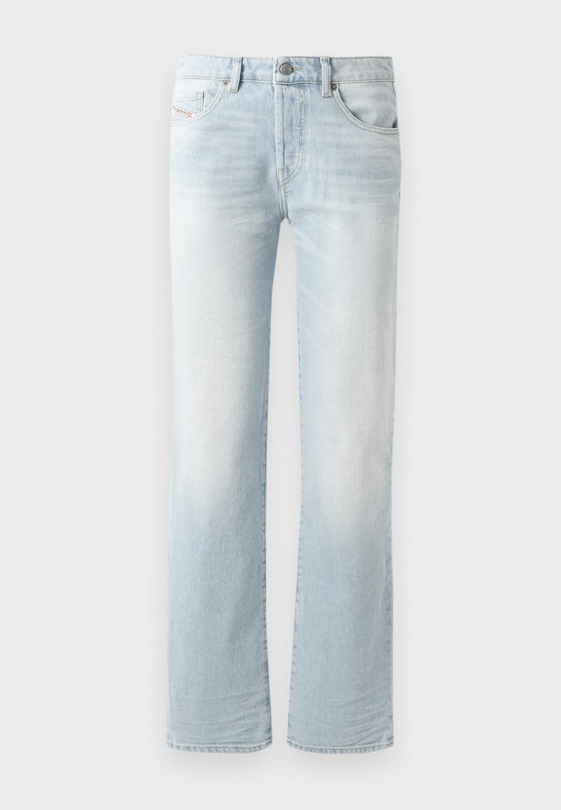 Helleblaue Jeans aus Denim mit geradem Bein, ausgestattet mit einer Auswaschung, fünf Taschen und einem vorderen Knopfverschluss.