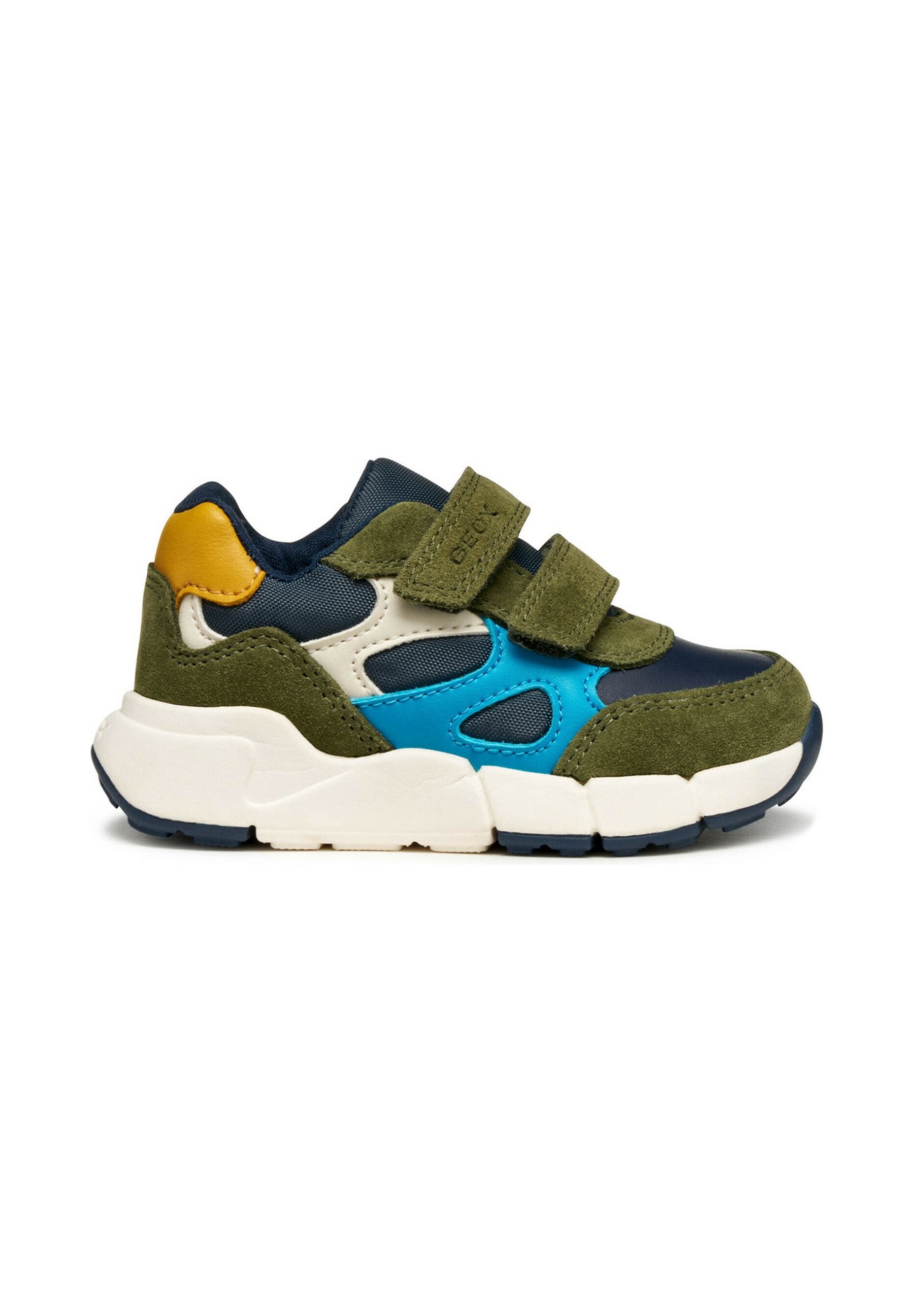 Grüne und marineblaue Sneaker mit blauen und gelben Akzenten, hergestellt aus einer Mischung aus Wildleder und Mesh-Materialien. Entworfen mit zwei Klettverschlussriemen und einer dicken weißen Sohle.