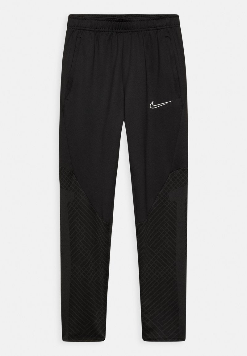 Schwarze Sporthosen mit glatter Oberfläche, ausgestattet mit einem elastischen Bund, seitlichen Taschen und einem strukturierten schwarzen Muster an den Unterschenkeln.