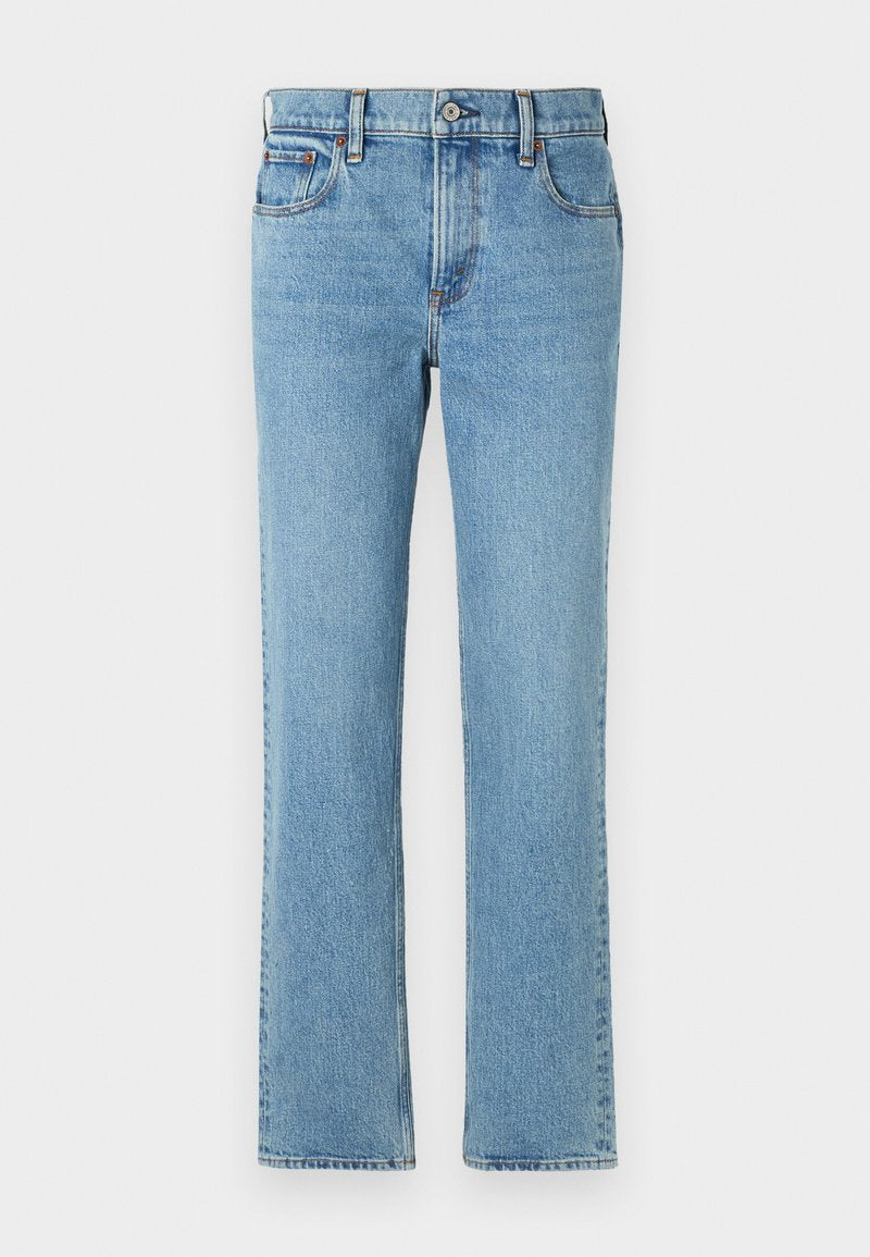 Hellblaue Jeans aus Denim mit geradem Schnitt, fünf Taschen, Knopf- und Reißverschluss, sowie dezentem Fade-Effekt. Klassisches, einfaches Design.