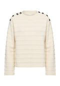 Cremefarbenes Sweatshirt mit horizontalen Streifenmustern, rundem Halsausschnitt und vier Knöpfen an einer Schulter. Hergestellt aus strukturiertem Strickstoff.