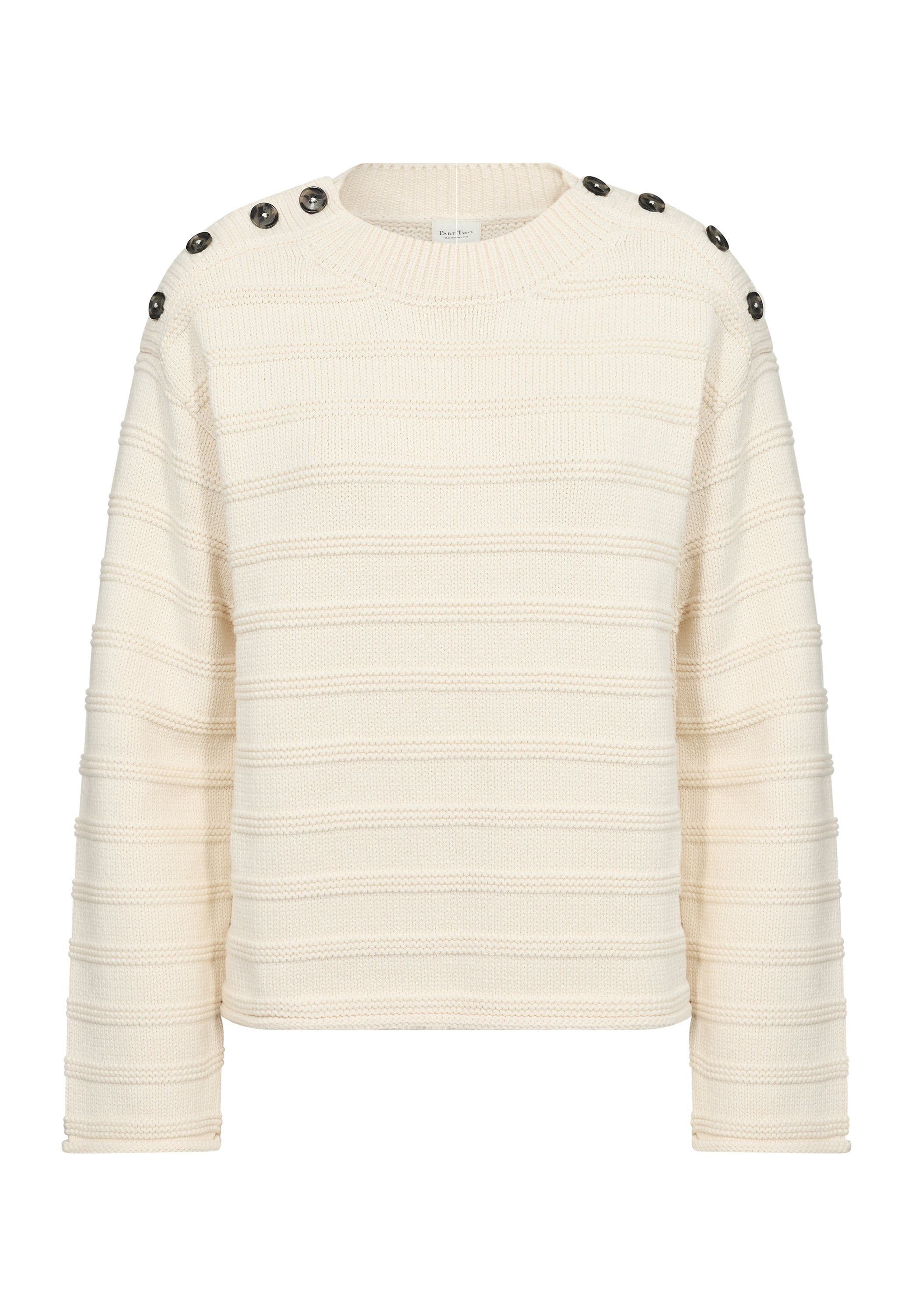 Cremefarbenes Sweatshirt mit horizontalen Streifenmustern, rundem Halsausschnitt und vier Knöpfen an einer Schulter. Hergestellt aus strukturiertem Strickstoff.