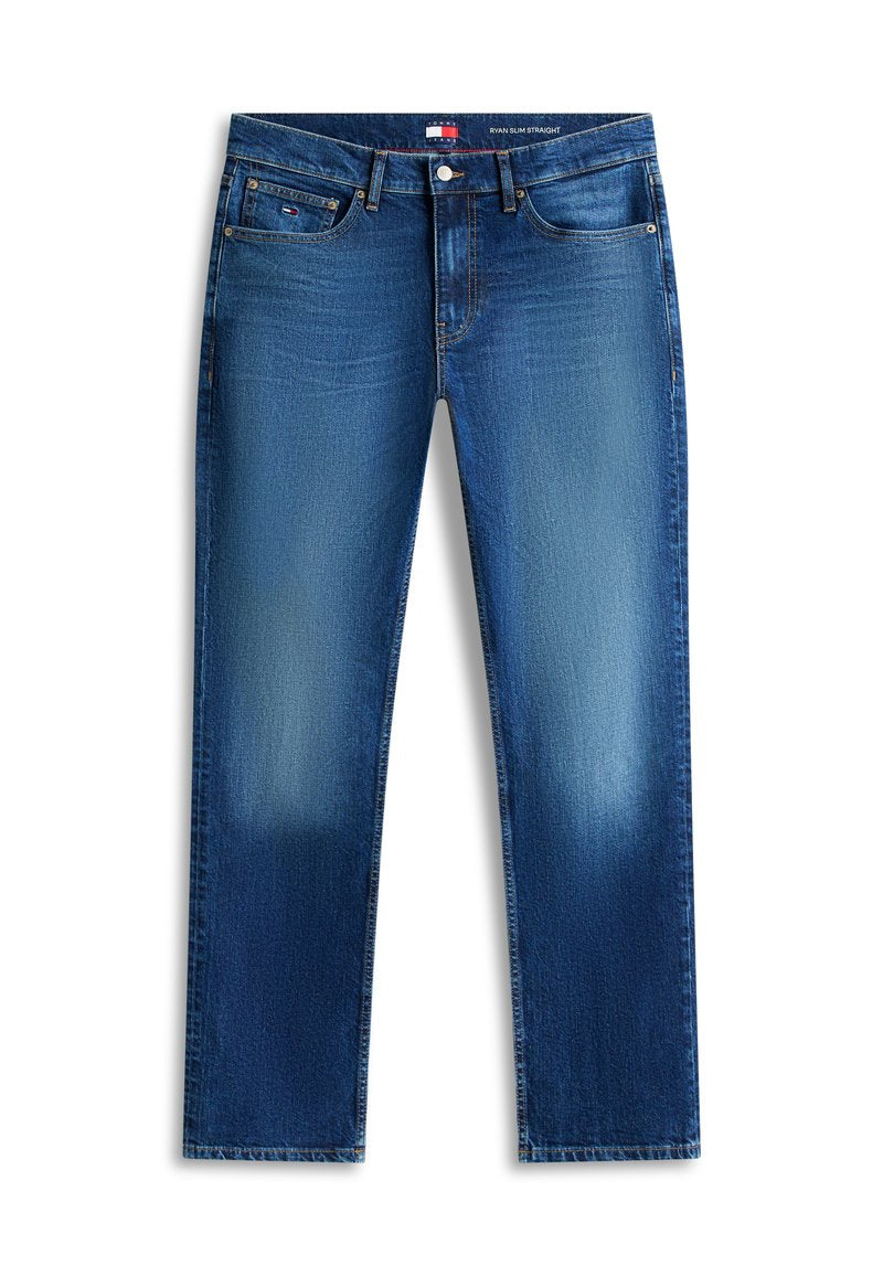 Blaue, schmale, gerade geschnittene Jeans mit fünf Taschen, Knopf- und Reißverschluss sowie dezentem Ausbleichen an Oberschenkeln und Knien.