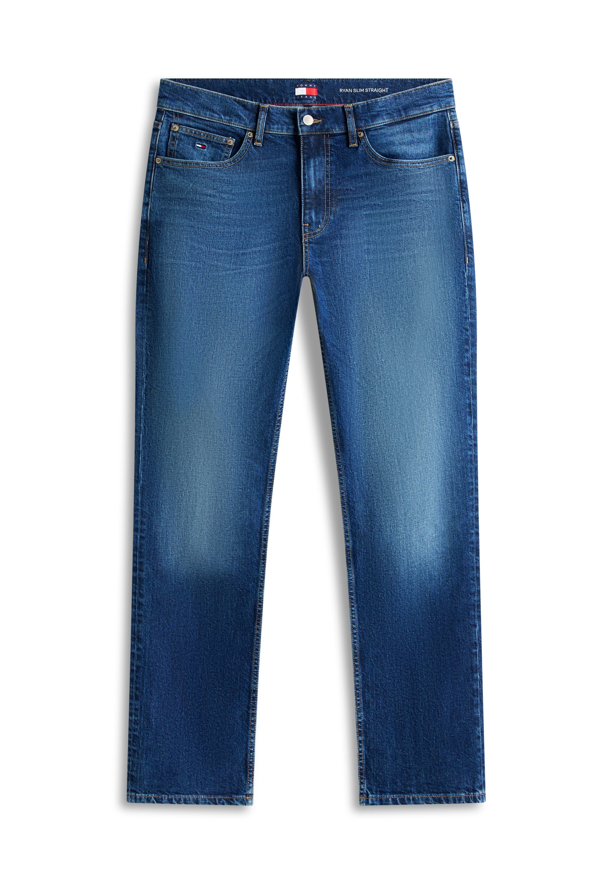 Blaue, schmale, gerade geschnittene Jeans mit fünf Taschen, Knopf- und Reißverschluss sowie dezentem Ausbleichen an Oberschenkeln und Knien.