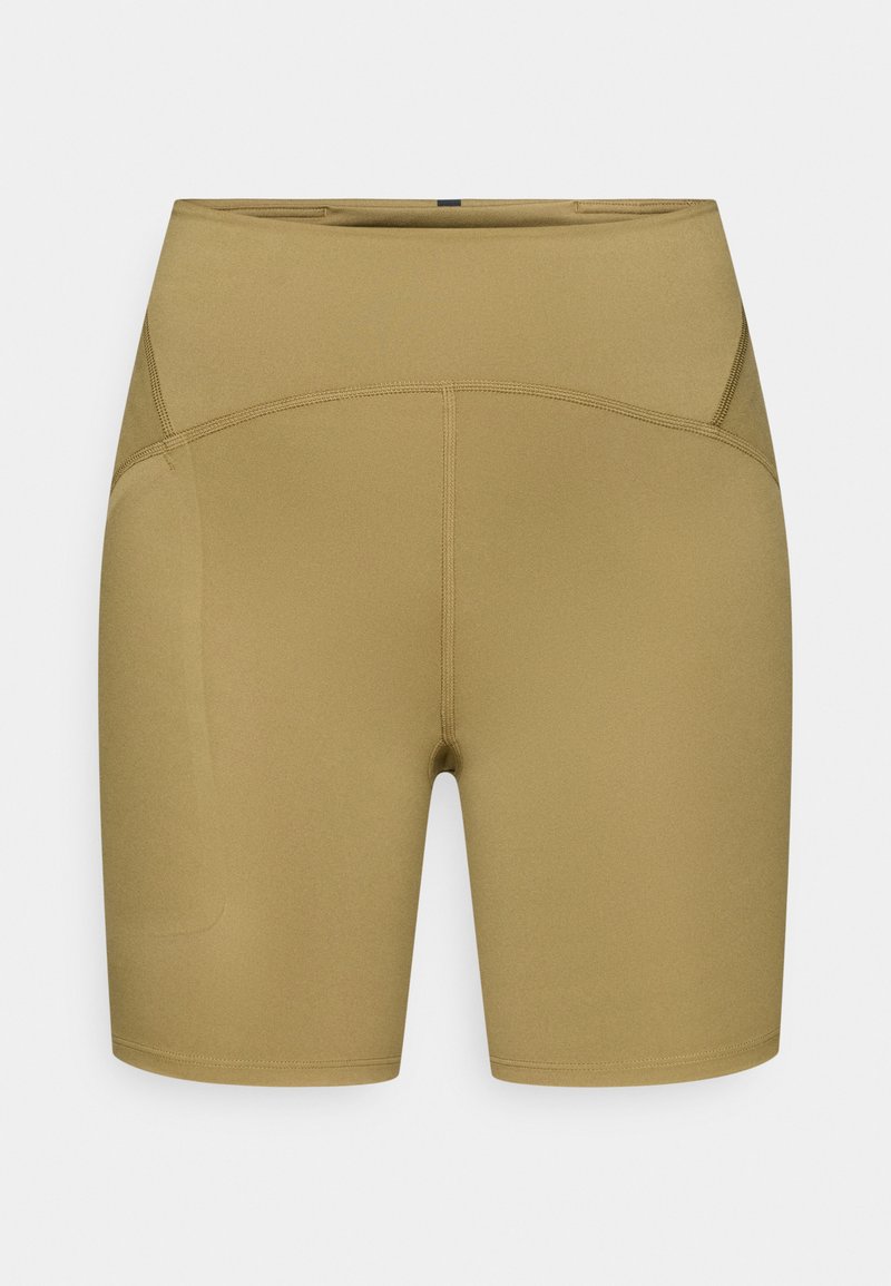 Hoch taillierte Shorts in einem hellen Olivgrün, gefertigt aus dehnbarem Stoff. Sie verfügen über flache Nähte und eine glatte Textur ohne Taschen.