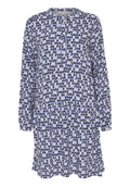 Langarmkleid in Hellblau mit geometrischem Muster in Marineblau und Weiß, mit Knopfleiste und gerafftem Taillenbund für einen lockeren Sitz.