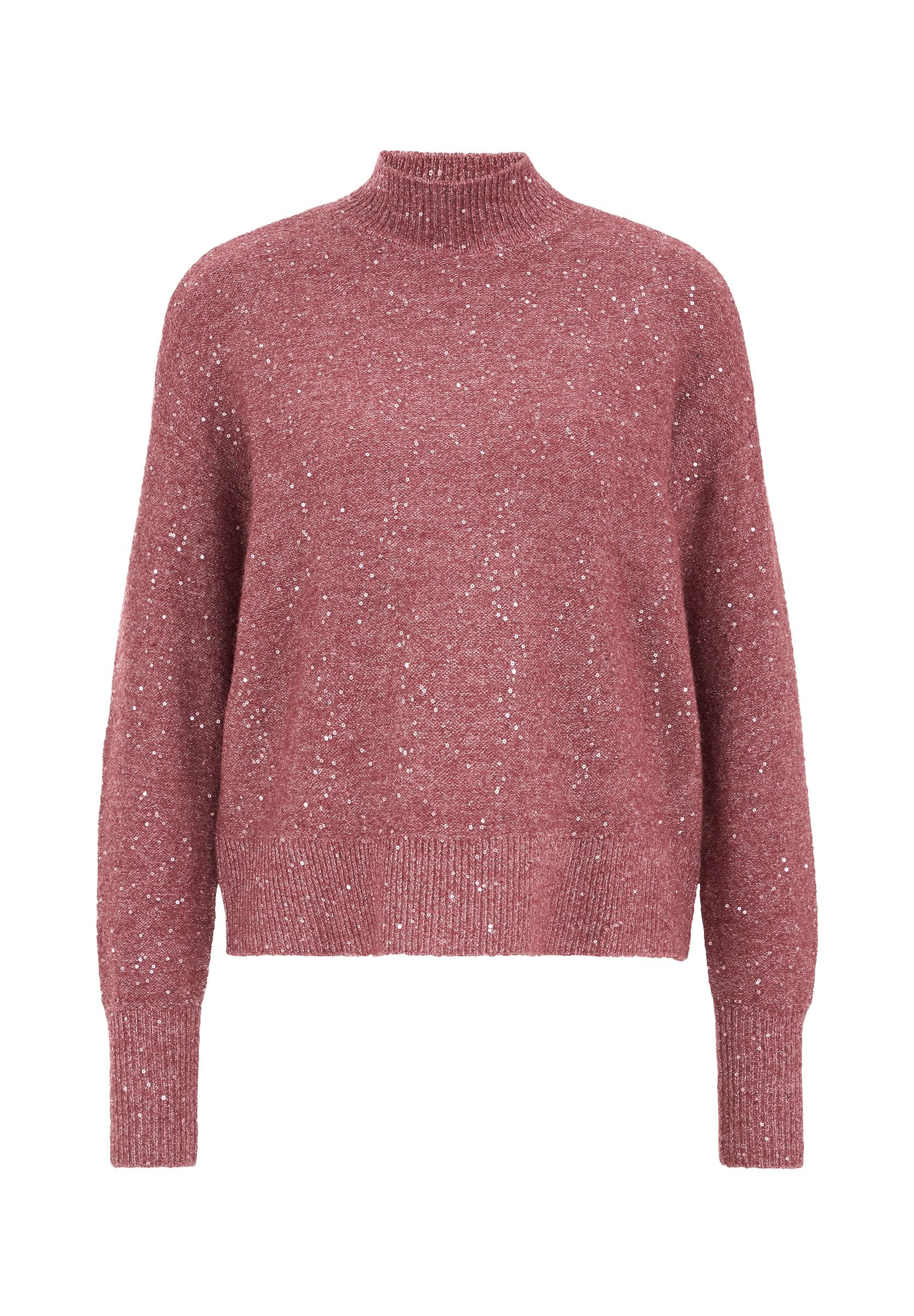Langärmliger Pullover in staubigem Rosa mit hohem Kragen und silbernen Paillettenverzierungen, gerippten Bündchen und Saum.