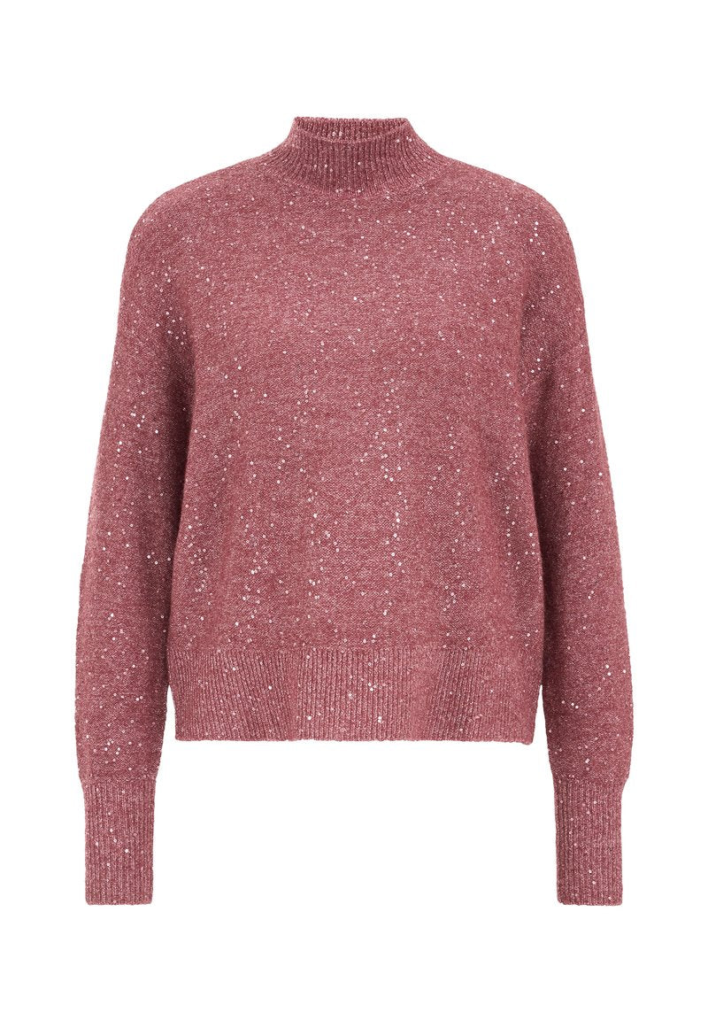 Langärmliger Pullover in staubigem Rosa mit hohem Kragen und silbernen Paillettenverzierungen, gerippten Bündchen und Saum.