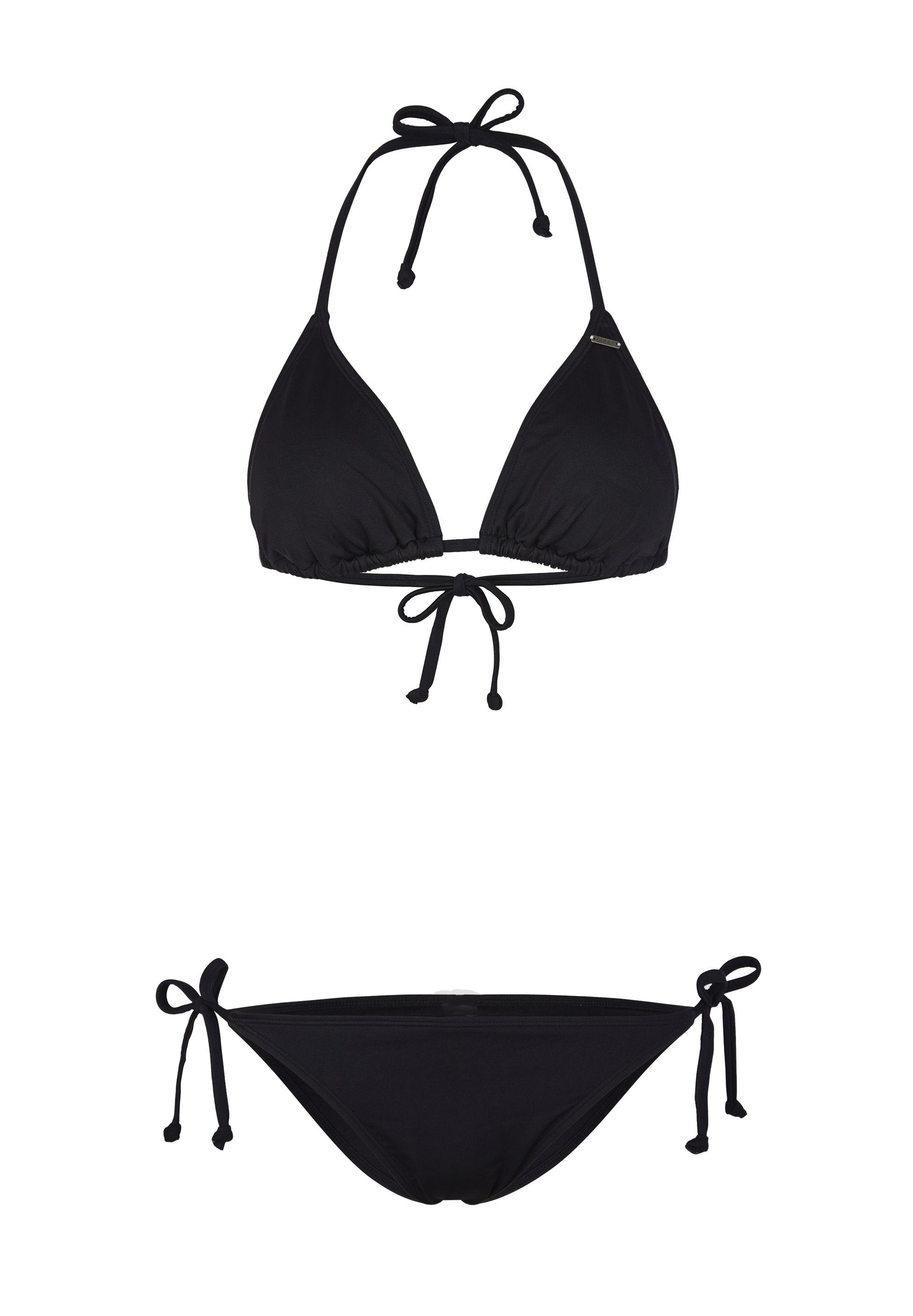 Schwarzes Bikini-Set mit einem dreieckigen Oberteil und verstellbaren Bindeträgern sowie einem passenden Bottom mit Seitenbändern. Weicher Stoff mit minimaler Detailierung.