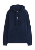 Dunkelblauer Kapuzenpullover mit Vordertasche, Kordelzugkapuze und kleinem rot-weiß-blauem Logo mit der Aufschrift "New York City" auf der Brust.