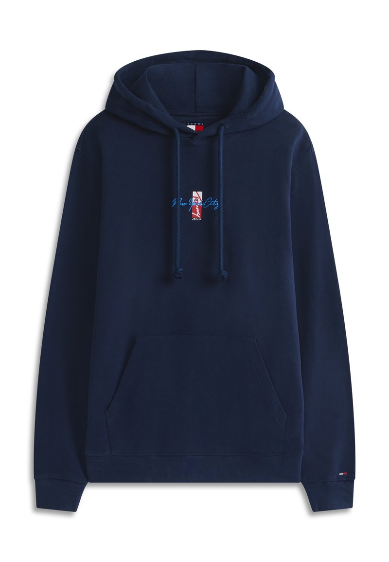 Dunkelblauer Kapuzenpullover mit Vordertasche, Kordelzugkapuze und kleinem rot-weiß-blauem Logo mit der Aufschrift "New York City" auf der Brust.