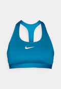 Türkise Sport-BH mit Racerback-Design und einem weißen Nike-Logo auf der Vorderseite, präsentiert vor einem schlichten weißen Hintergrund.