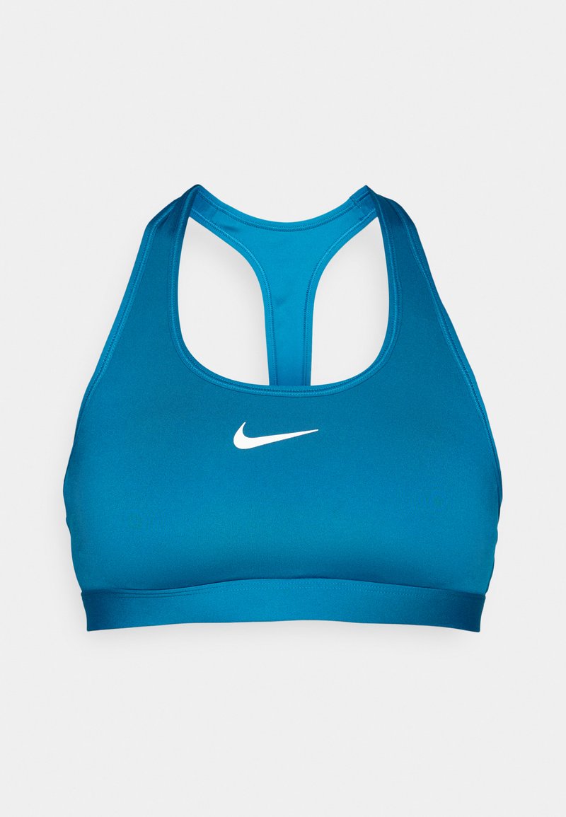 Türkise Sport-BH mit Racerback-Design und einem weißen Nike-Logo auf der Vorderseite, präsentiert vor einem schlichten weißen Hintergrund.