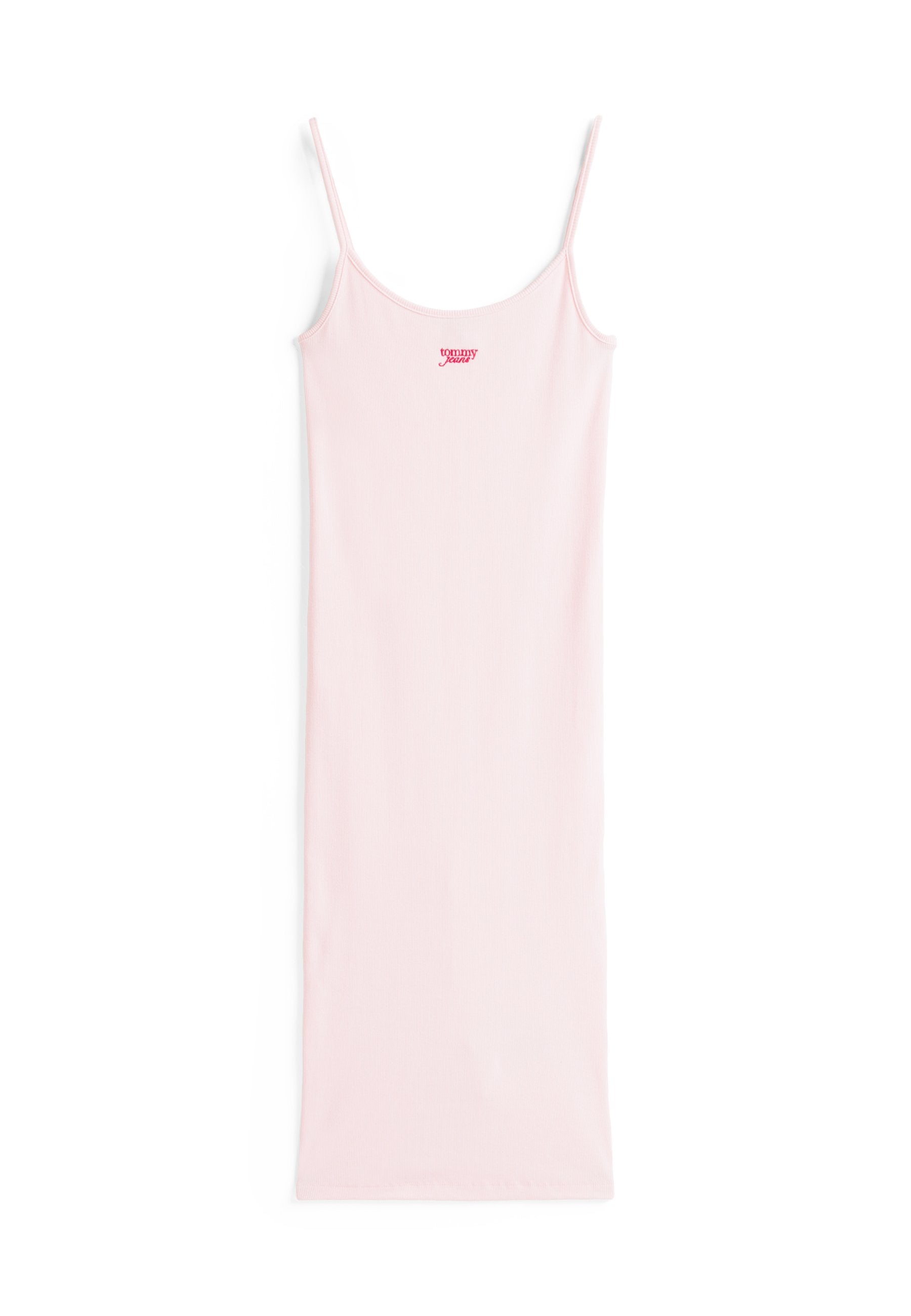 Rosa geripptes Slipkleid mit dünnen verstellbaren Trägern und einem kleinen roten "Tommy"-Logo auf der Brust. Einfaches, tailliertes Design.