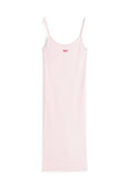 Rosa geripptes Slipkleid mit dünnen verstellbaren Trägern und einem kleinen roten "Tommy"-Logo auf der Brust. Einfaches, tailliertes Design.