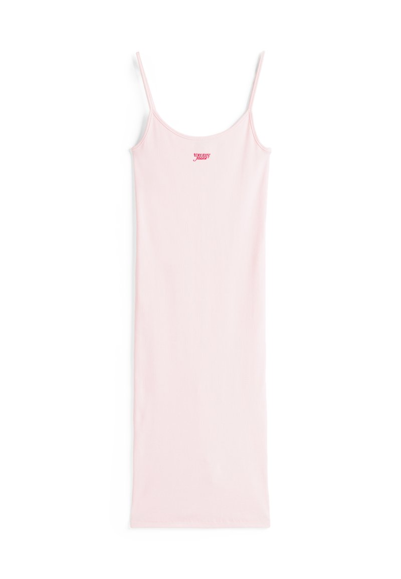 Rosa geripptes Slipkleid mit dünnen verstellbaren Trägern und einem kleinen roten "Tommy"-Logo auf der Brust. Einfaches, tailliertes Design.
