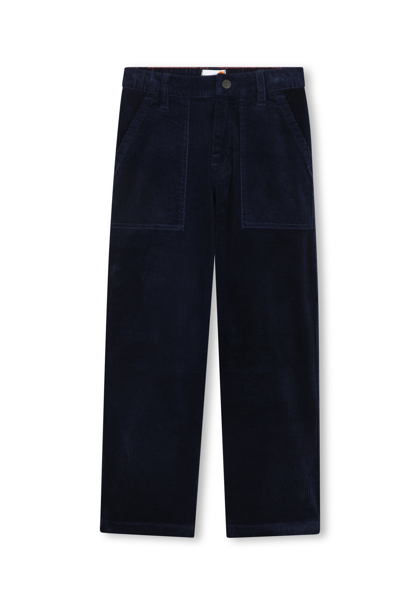 Navyblaue Cord-Hosen mit geradem Bein, großen vorderen aufgesetzten Taschen, Gürtelschlaufen und einem Knopfverschluss an der Taille.