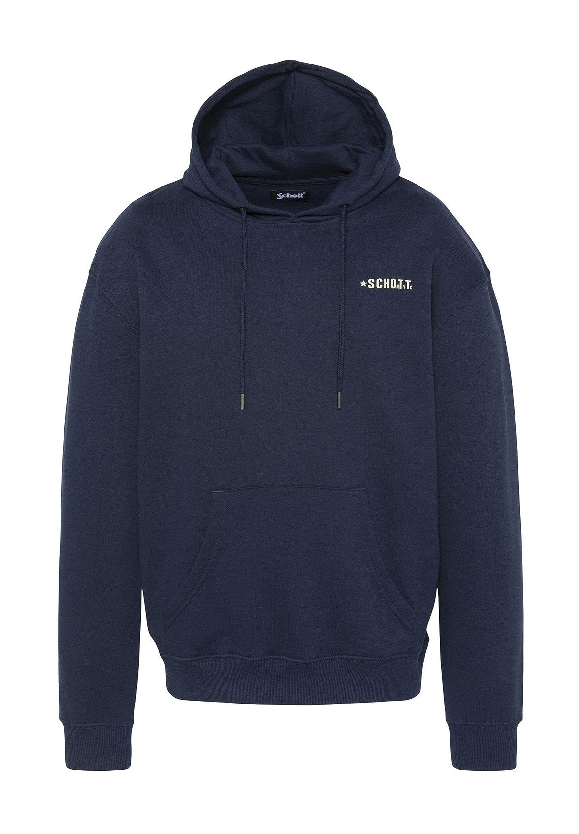 Marineblauer Kapuzenpullover aus einem Stoff mit weicher Textur. Verfügt über eine vordere Kängurutasche und eine Kordelzugkapuze, mit einem Logo auf der Brust.