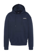 Marineblauer Kapuzenpullover aus einem Stoff mit weicher Textur. Verfügt über eine vordere Kängurutasche und eine Kordelzugkapuze, mit einem Logo auf der Brust.