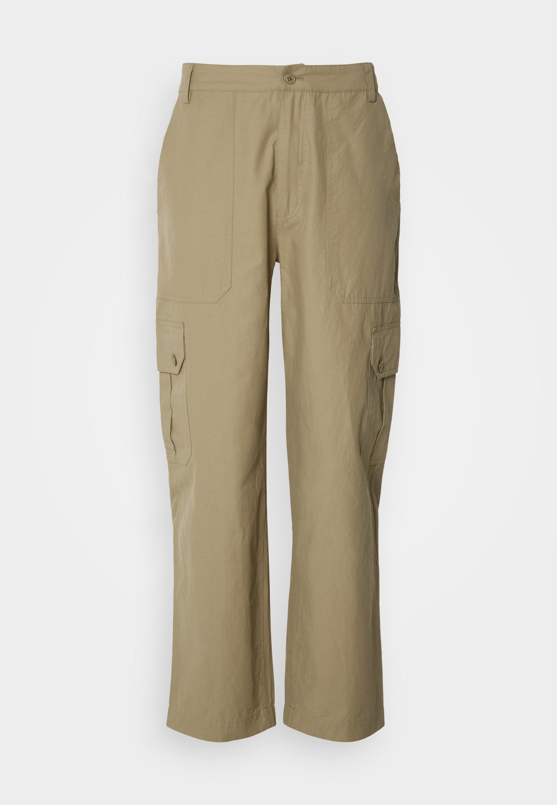 Beige Cargo-Hose aus leichtem Stoff, mit zwei Seitentaschen, einem Knopfverschluss und geradem Bein.