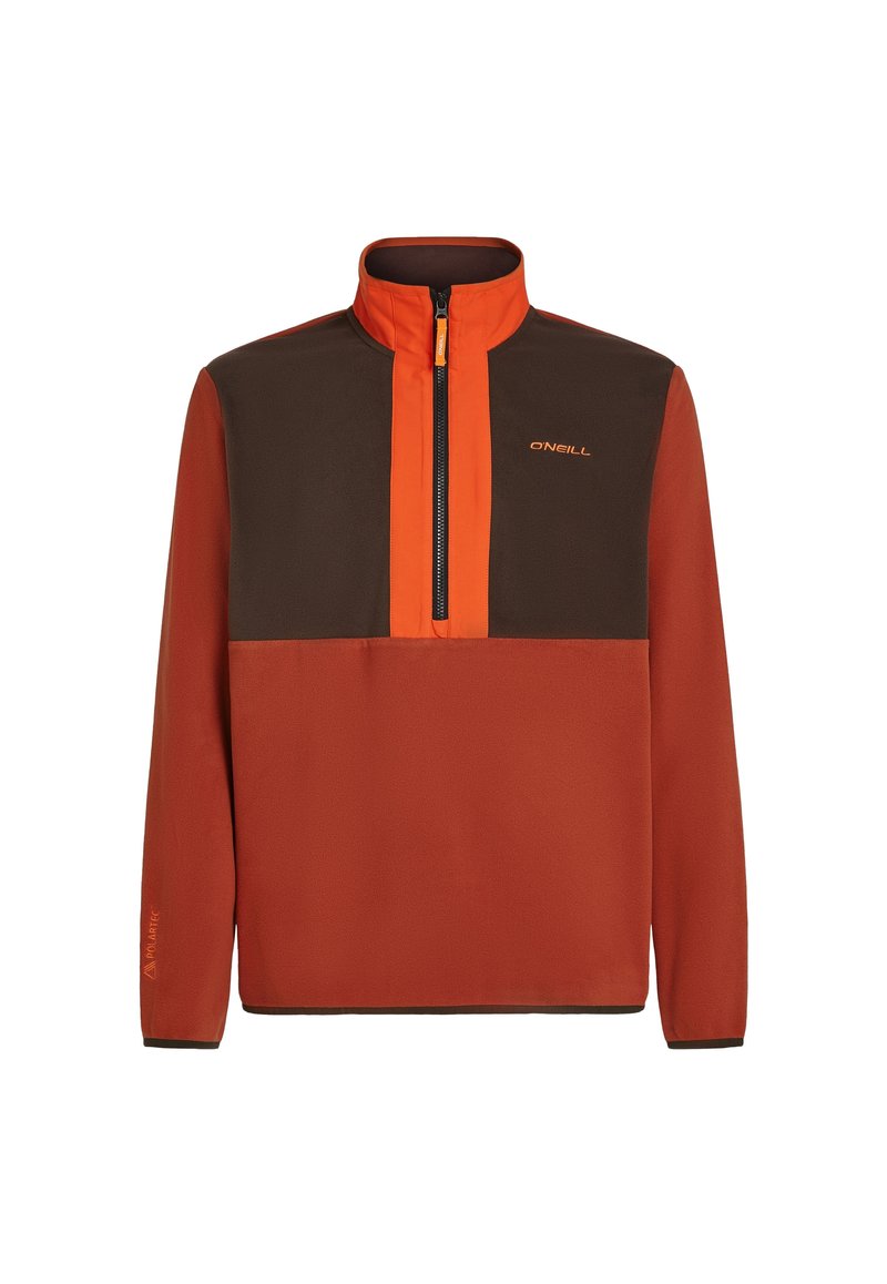 Fleece-Pullover in verbranntem Orange mit braunen Einsätzen, Viertel-Reißverschluss vorne, hohem Kragen und Logodetail. Glatte Textur und lange Ärmel.