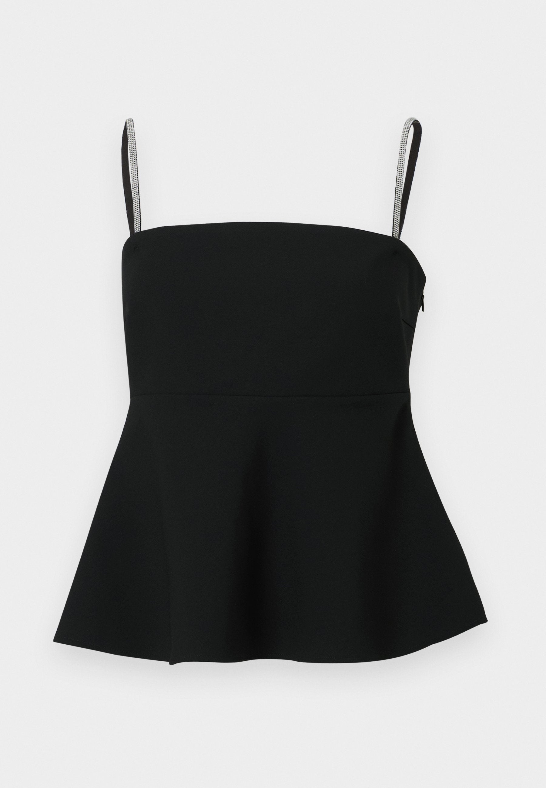 Schwarzes Peplum-Oberteil mit dünnen verstellbaren Trägern und silbernen Akzenten. Aus glattem Stoff gefertigt, mit einer taillierten Passform und einem ausladenden Saum.