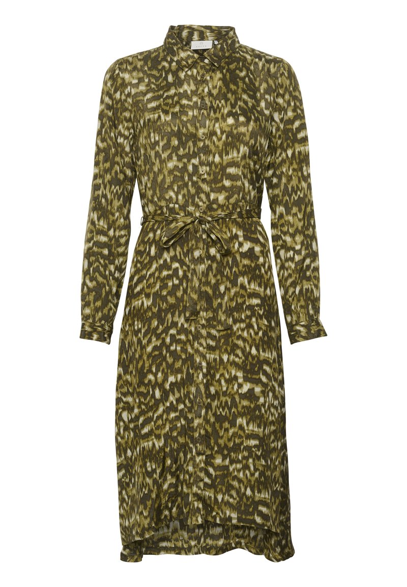 Langärmliges Hemdblusenkleid mit Kragen und Bindegürtel, das ein abstraktes, olivgrünes und beige gewelltes Muster aufweist.