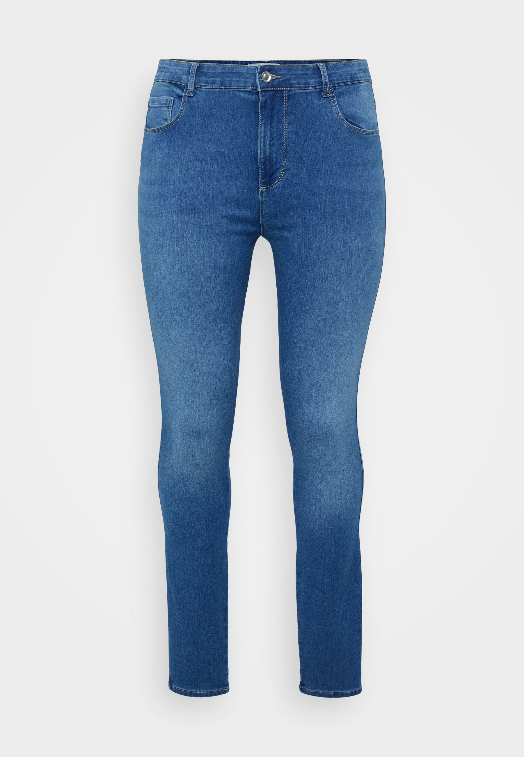Slim Fit-Jeans aus mittelblauem Denim mit einem standardmäßigen Knopf- und Reißverschluss, Fünf-Taschen-Design und leichter Ausbleichung an den Beinen.