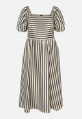 Beige- und schwarz gestreiftes Midikleid mit gepufften kurzen Ärmeln, quadratischem Ausschnitt und gerafftem Rock.