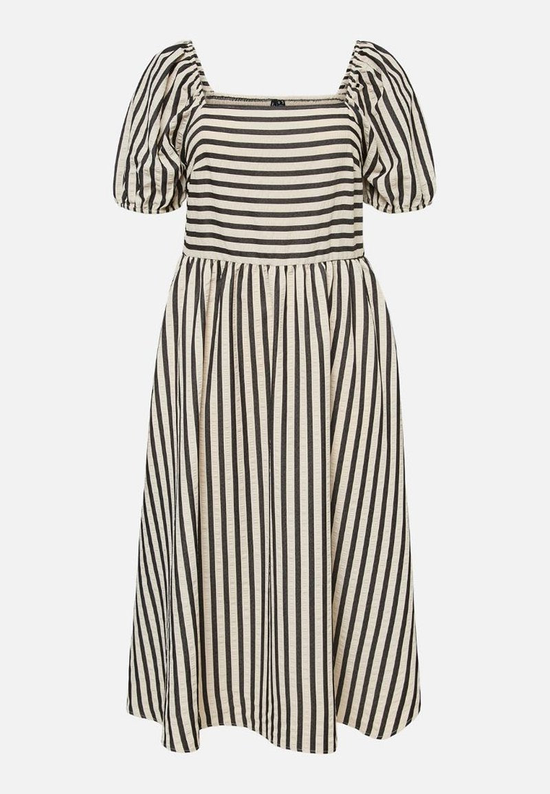 Beige- und schwarz gestreiftes Midikleid mit gepufften kurzen Ärmeln, quadratischem Ausschnitt und gerafftem Rock.