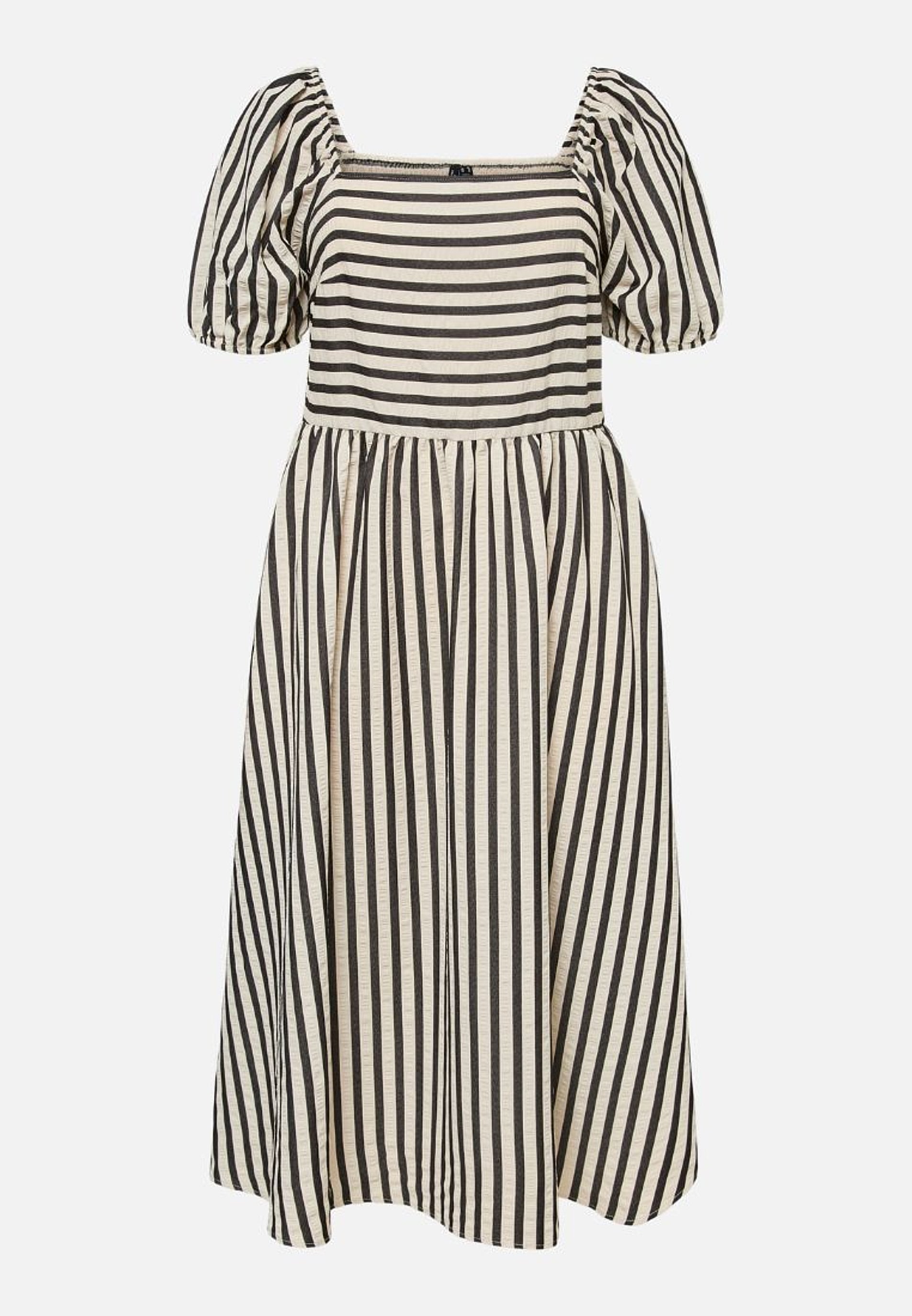 Beige- und schwarz gestreiftes Midikleid mit gepufften kurzen Ärmeln, quadratischem Ausschnitt und gerafftem Rock.