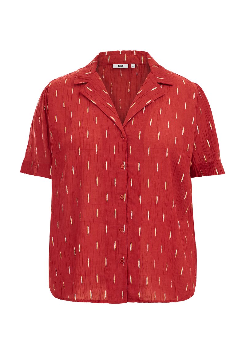 Rote kurzärmlige Bluse mit Knopfleiste, aus strukturiertem Stoff und mit einem abstrakten weißen Muster. Mit Kragen.