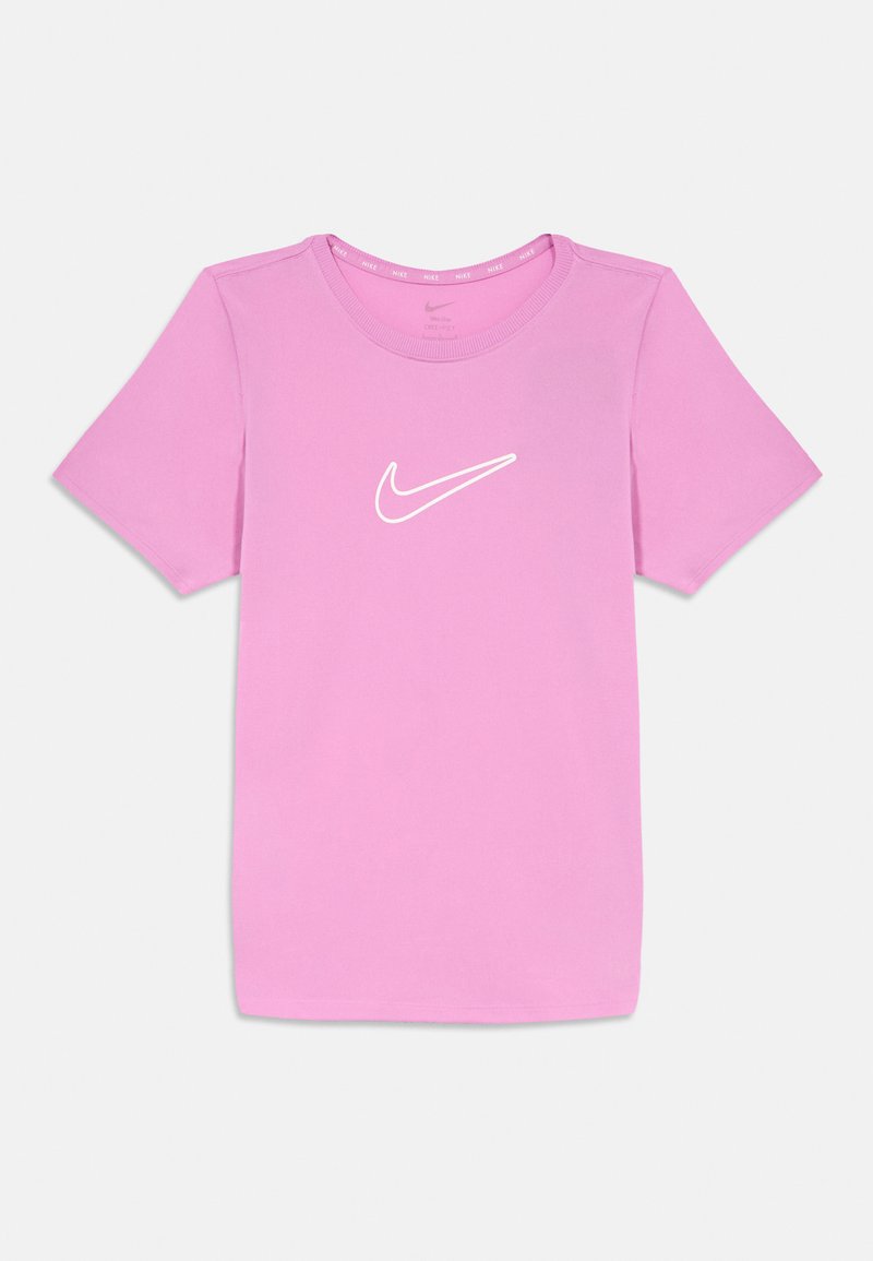 Rosa T-Shirt mit kurzen Ärmeln und Rundhalsausschnitt, vorne mittig mit weißem Nike-Swoosh-Logo.
