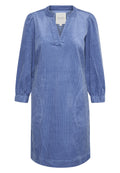 Blaues Cordkleid mit V-Ausschnitt, langen Puffärmeln und elastischen Manschetten. Verfügt über strukturierte vertikale Streifen und eine lockere Passform.