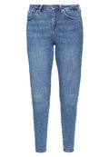 Blaue Denim-Skinny-Jeans mit hoher Taille, Fünf-Taschen-Design und Reißverschluss. Der Stoff hat eine weiche, leicht ausgewaschene Textur.