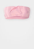 Rosa Bandeau-Bikini-Oberteil mit verstellbarem Bindeband, strukturiertem Stoff, gerafften Rändern und subtilen, einfarbigen Logomuster. Glatte Oberfläche und elastisches Material.