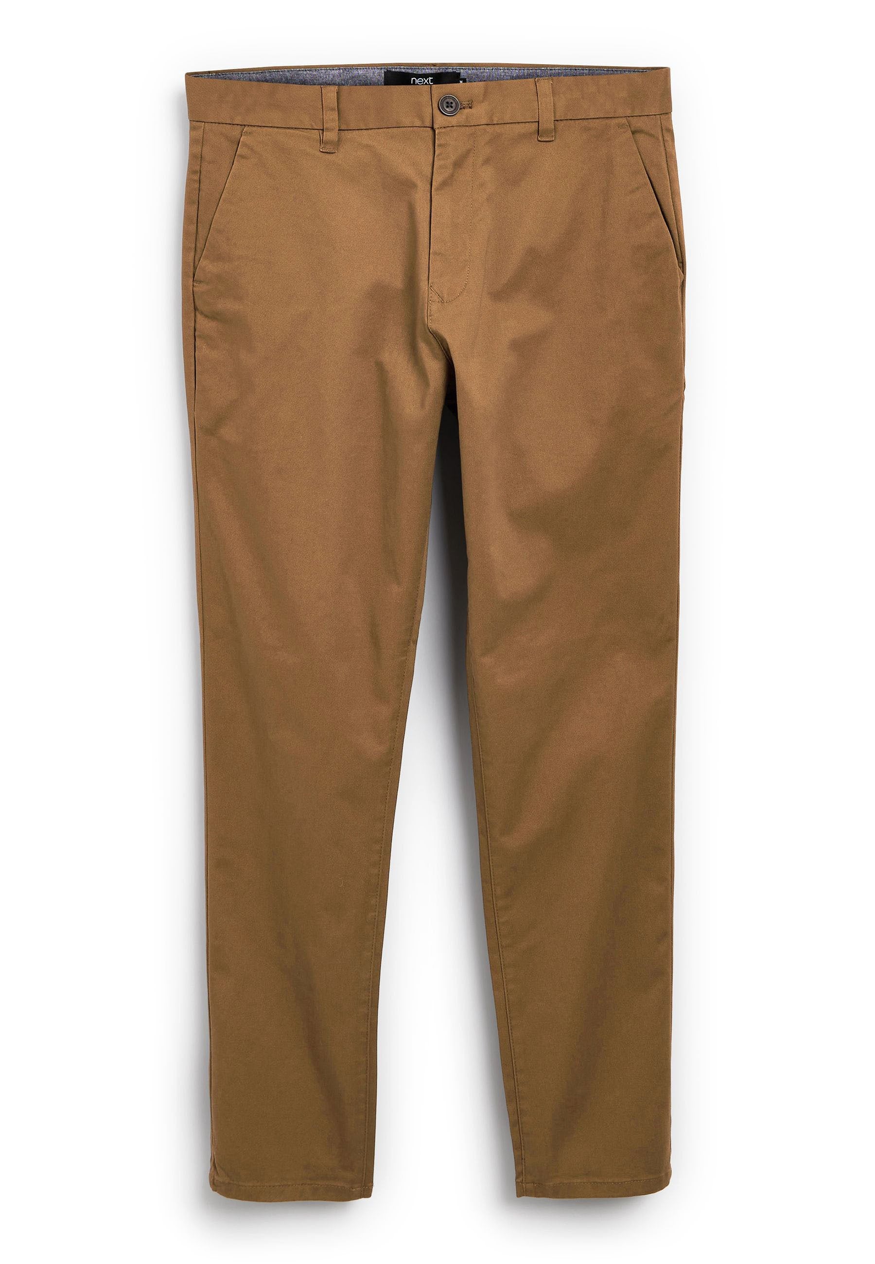 Braune Baumwoll-Chinos mit glatter Textur, seitlichen Taschen und einem Knopfverschluss an der Taille. Schmale Passform mit zulaufenden Beinen.
