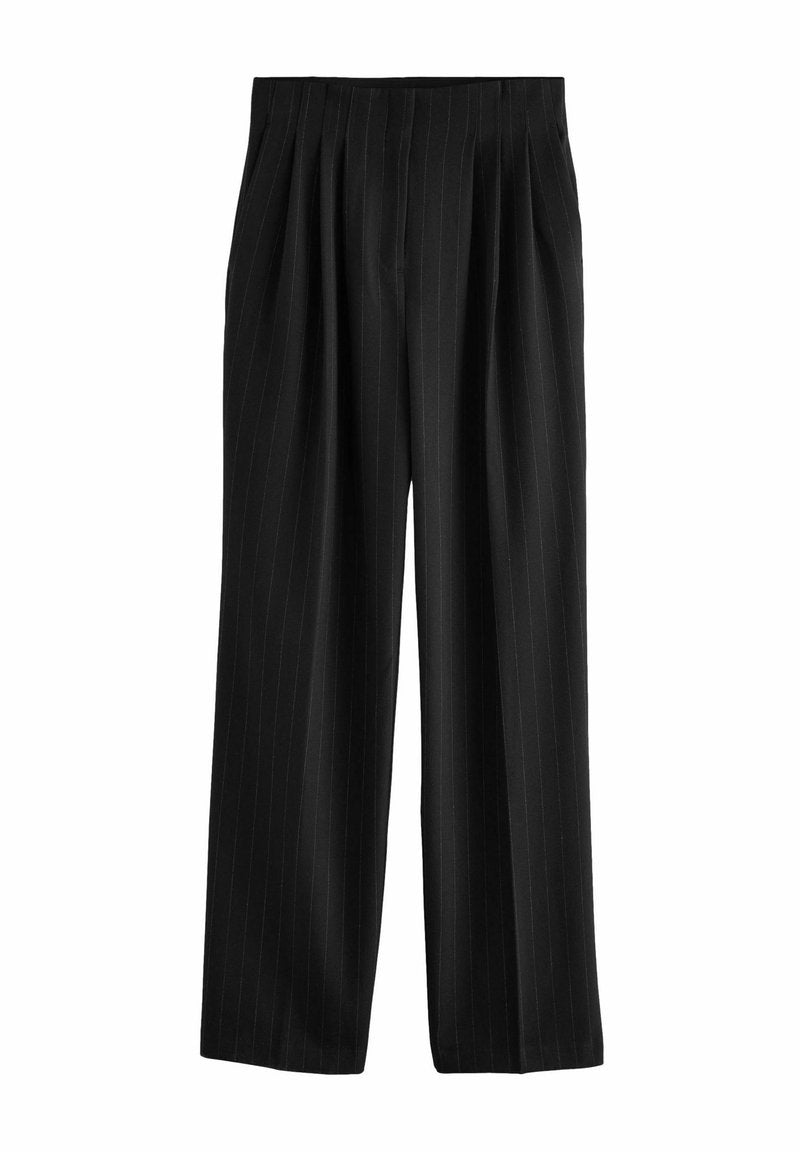 Schwarz gestreifte Hosen mit lockerer Passform, mit Falten an der Taille und glatter Textur. Saubere, gerade Silhouette.