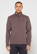 Brauner Pullover mit langen Ärmeln und Reißverschluss am Kragen. Hergestellt aus glattem Stoff mit gerippter Struktur. Einfaches Design mit Logodetail auf der Schulter.