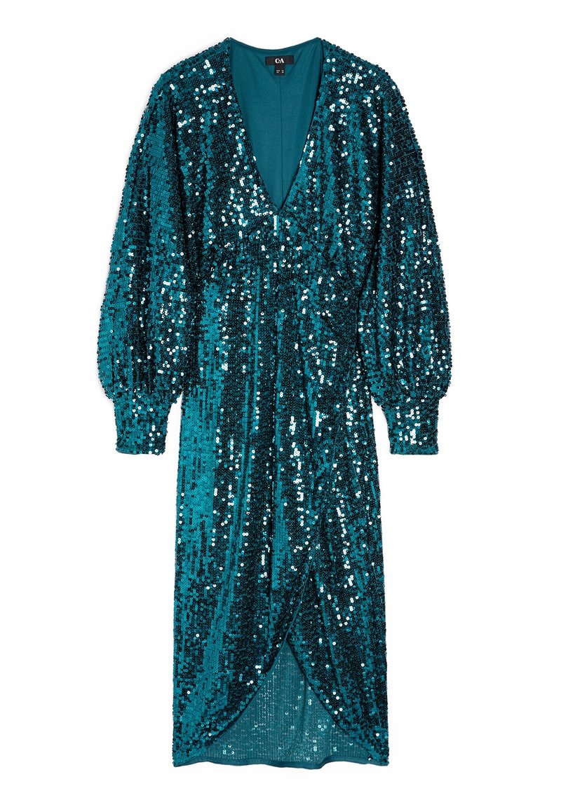 Türkises Paillettenkleid mit tiefem V-Ausschnitt, langen Puffärmeln und einem gewickelten Design, das eine weiche Textur und schimmernde Akzente aufweist.