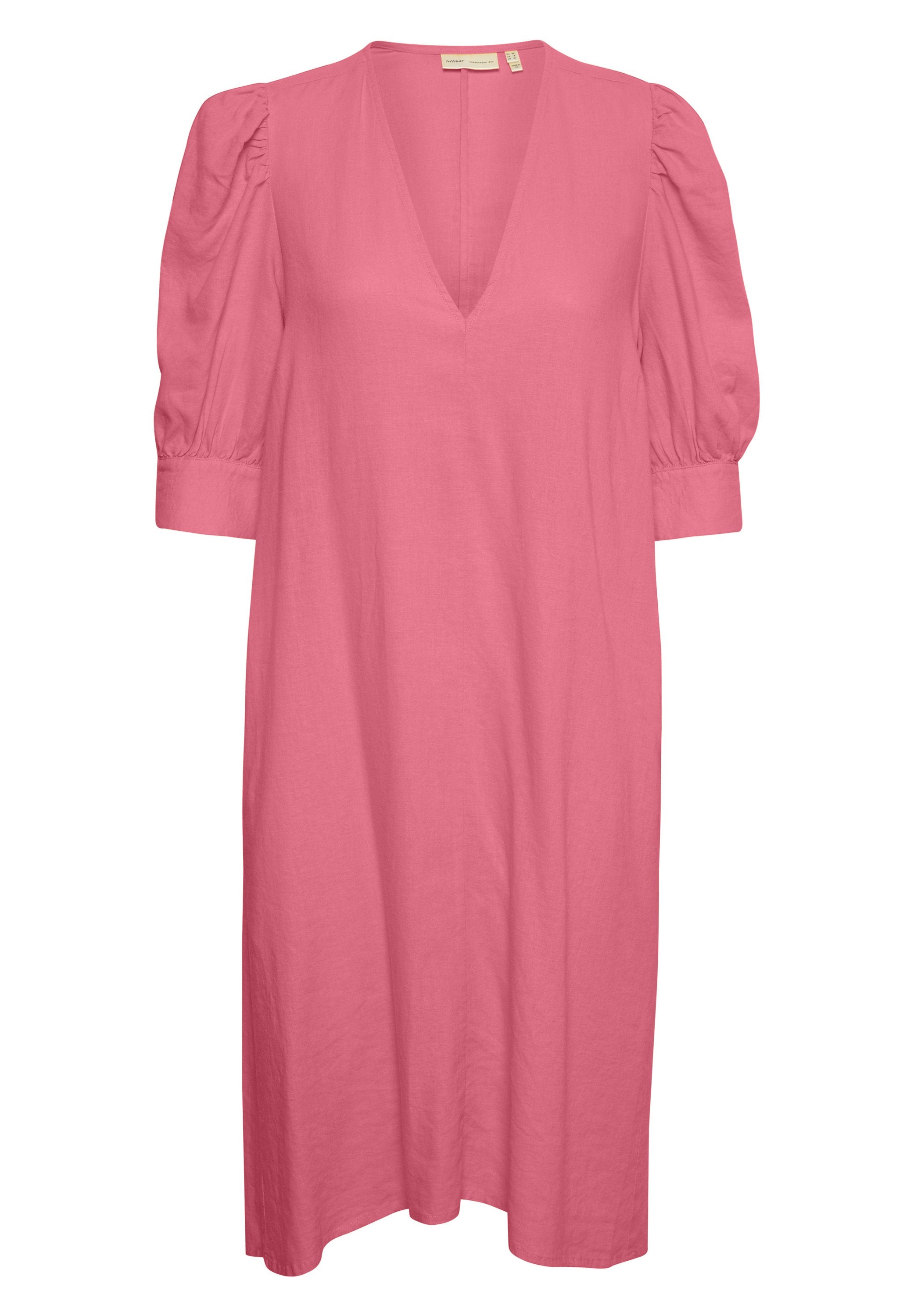 Rosa Leinenkleid mit tiefem V-Ausschnitt, Puffärmeln und einer lockeren, geraden Silhouette. Einfaches Design, keine zusätzlichen Muster oder Akzente.