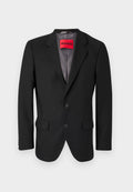 Schwarzer maßgeschneiderter Blazer aus strukturiertem Stoff. Mit Reverskragen, zwei Fronttaschen und einer einreißigen Knopfverschluss.