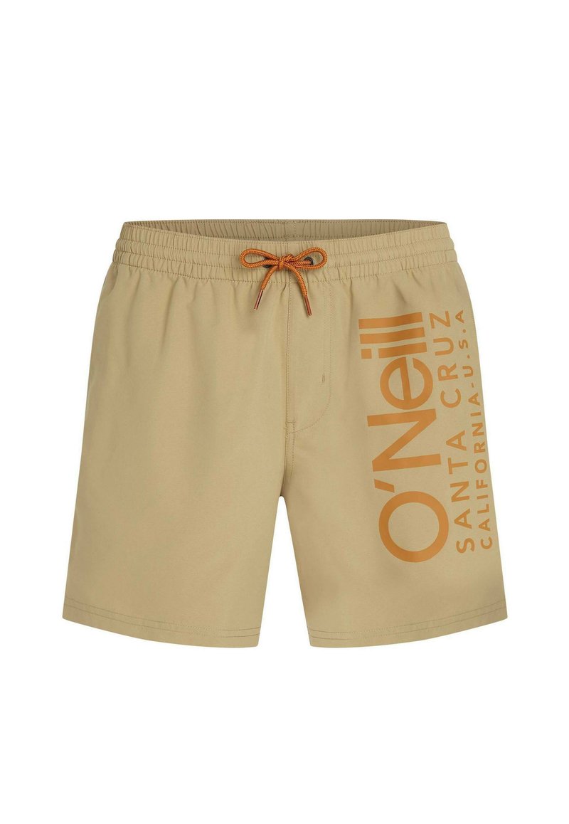 Beige Badeshorts mit orangefarbenem Kordelzug und großem vertikal verlaufendem orangefarbenem Schriftzug "O'Neill Santa Cruz California U.S.A." am rechten Bein.