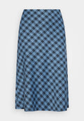 Blau-schwarz karierten A-Linien-Rock mit hoher Taille und knielangem Saum vor einem einfarbigen Hintergrund.