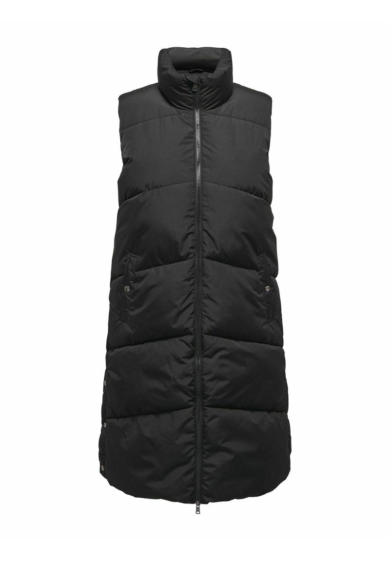 Schwarze ärmellose Steppweste mit hohem Kragen, Frontreißverschluss und zwei Seitentaschen. Gestepptes Design mit glatter Textur.
