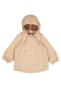 Beige Jacke mit floralem Muster, Kapuze, elastischen Bündchen und einer Fronttasche. Glatte Textur mit einem kontrastierenden Innenfutter.