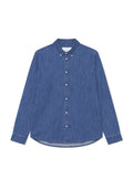 Denimhemd, mittleres Blau, lange Ärmel, Button-Down-Kragen. Vordere Knöpfe und ein kleines Logo auf der Brust. Gerader Saum mit seitlichen Schlitzen.