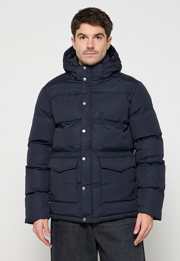 Marineblaue Steppjacke mit Kapuze, Druckknöpfen, zwei Vorderseiten-Taschen und einem gesteppte Design für Isolierung.