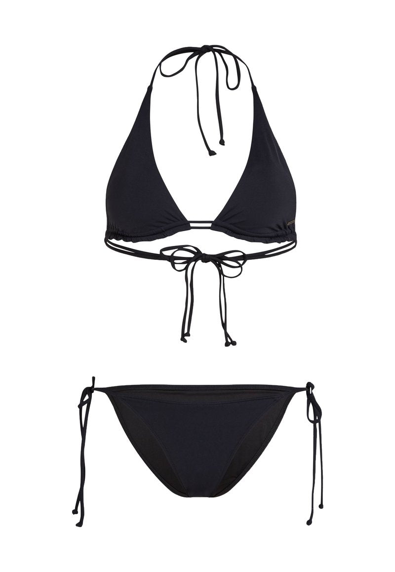 Schwarzes Bikini-Set mit einem Triangel-Oberteil mit verstellbaren Bändern und einem Höschen mit seitlichen Bindebändern, gefertigt aus glattem Stretchmaterial.