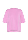 Rosa T-Shirt mit kurzen Ärmeln in lässiger Passform, aus weichem Stoff gefertigt, mit Rundhalsausschnitt und geradem Saum. Minimale Nähdetails.